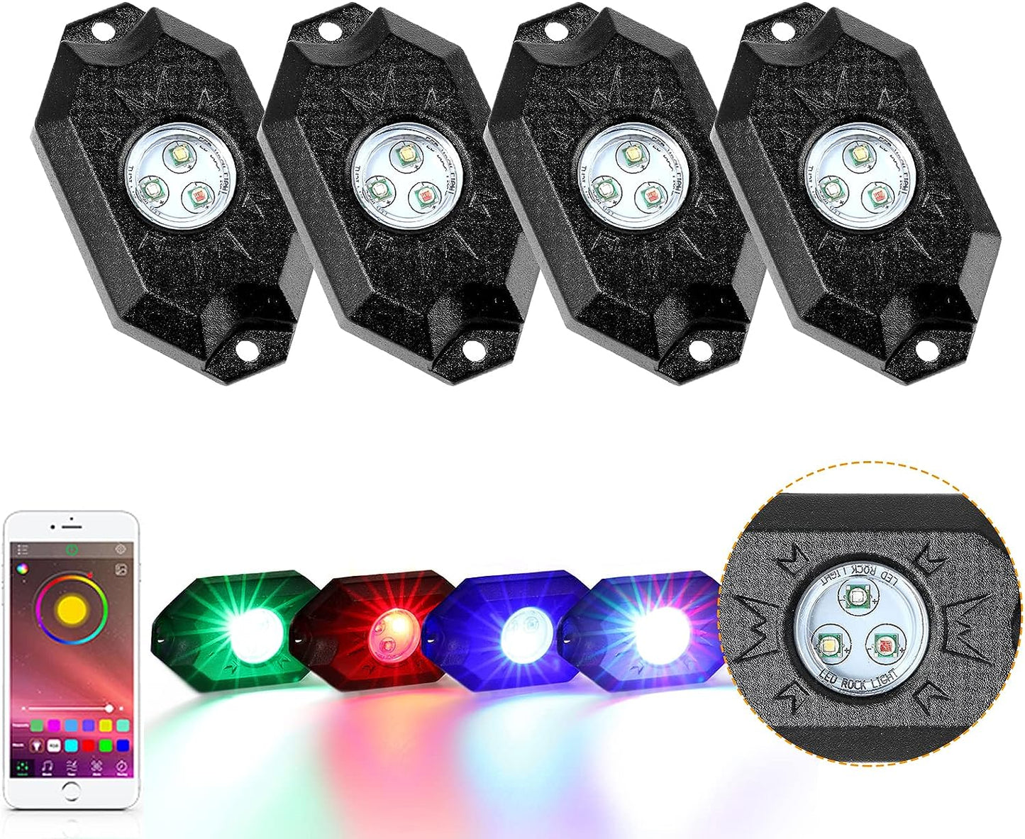 4Pcs RGB LED Rock Light Set with Bluetooth Controller