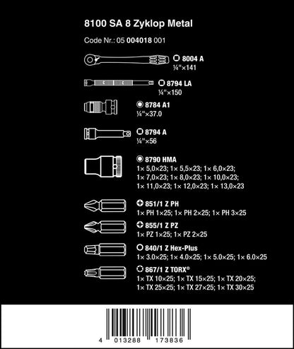 Wera 8100 SA 8 Zyklop Metal Switch Socket Set 1/4" Drive Metric 05004018001