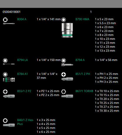 Wera 8100 SA 8 Zyklop Metal Switch Socket Set 1/4" Drive Metric 05004018001