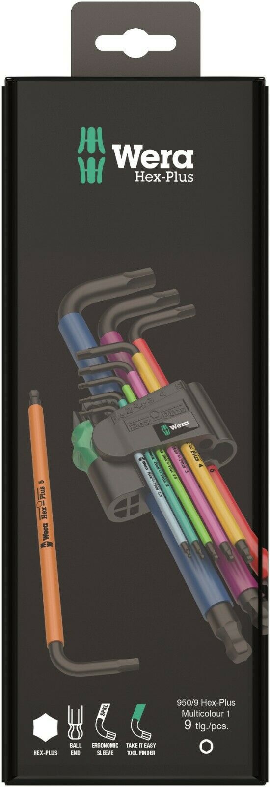 Wera 950/9 Metric 9-Piece Hex-Plus L-Key Set – Multicolor Professional Hex Keys – 05073593001