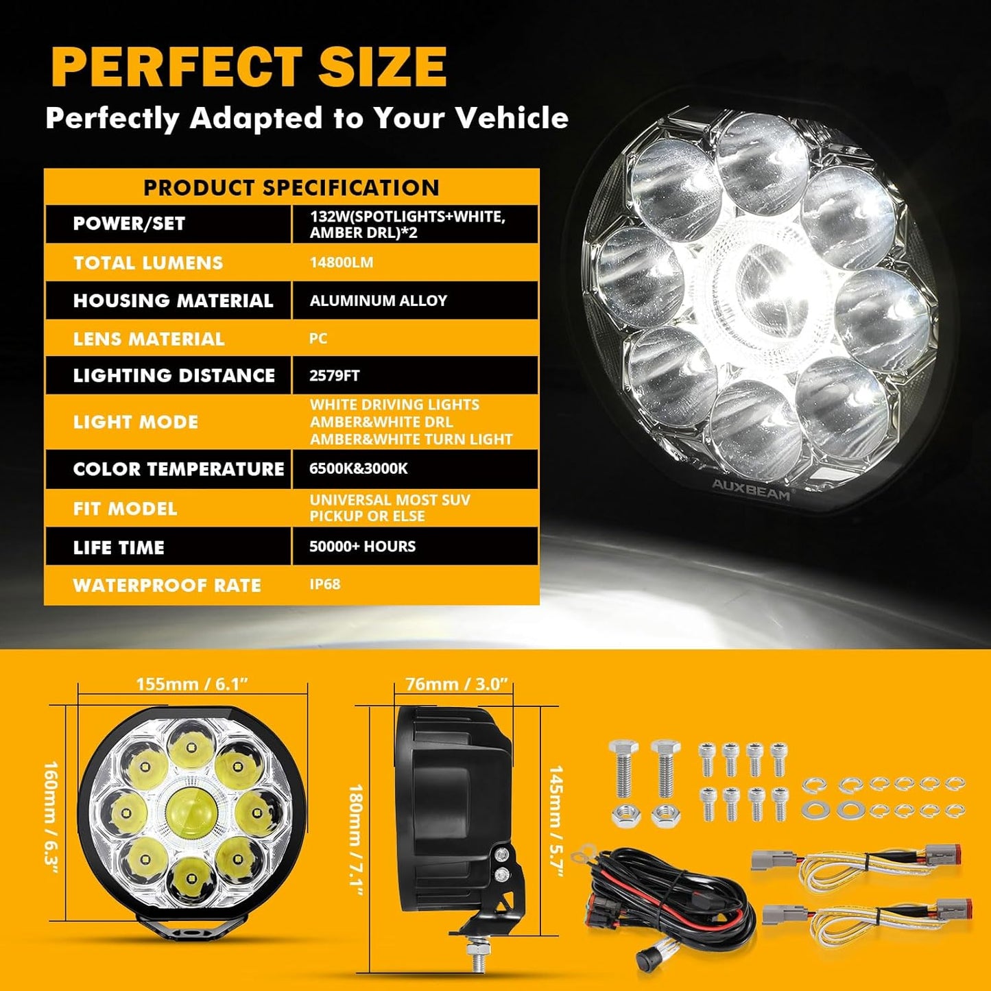 360-Ultra Series 6 Inch 132W LED Spot Driving Light Off Road Lights with White DRL&Amber Turn Signal Light