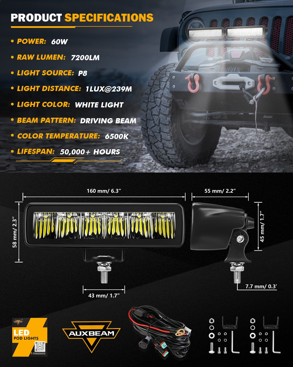 6.3 Inch 60W 7200LM LED Light Bar Off Road Driving Light