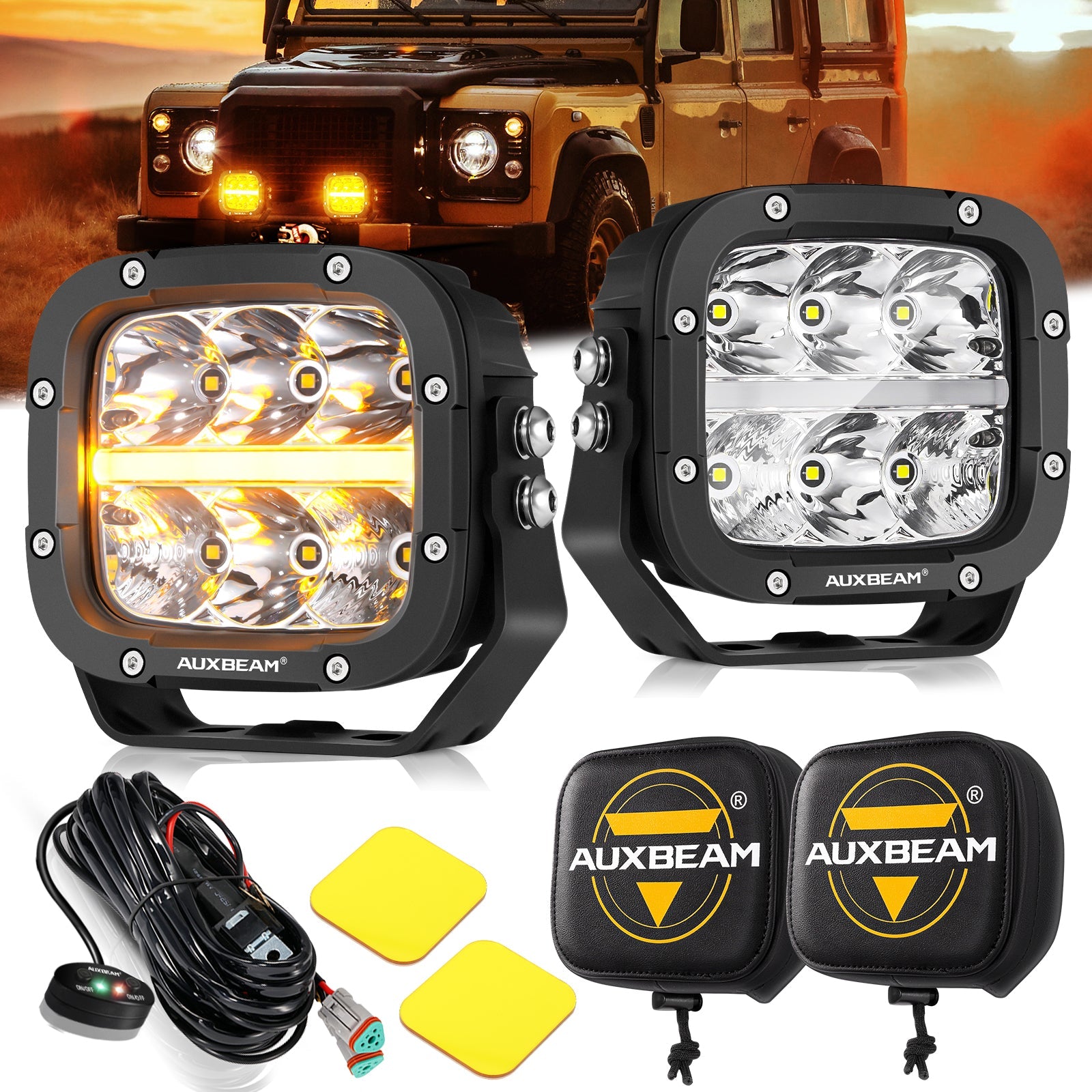Auxbeam 5 Inch Off Road LED Pods Light with DRL&Amber Cover for SUV Jeep Ford Off-road Pickup Truck Tractor 2Pcs Pod Lights / Black Leather Covers Auxbeam 5 Inch Off Road LED Pods Light with DRL&Amber Cover for SUV Jeep Ford Off-road Pickup Truck Tractor 2Pcs Pod Lights / Black Leather Covers