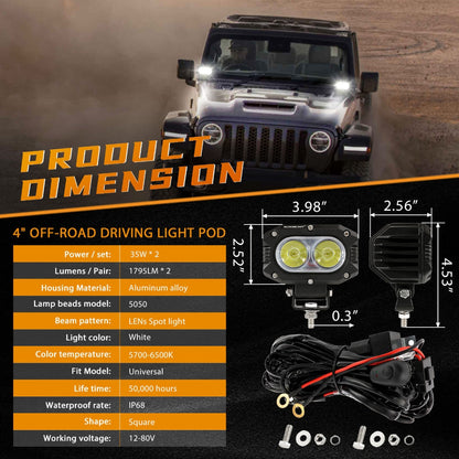 R4 Series | 4 Inch 60W Flood Beam LED Pods Light White Driving Light