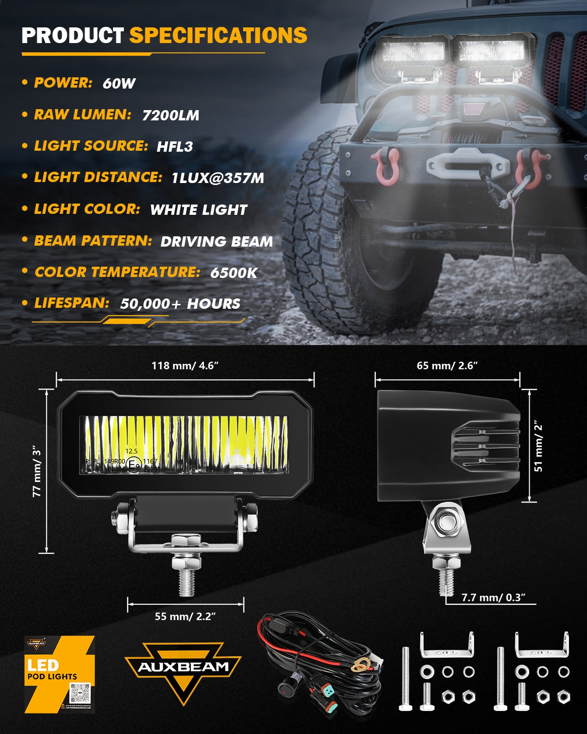 4.6 Inch 60W 7200LM LED Pods Off Road Driving Light