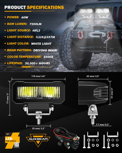 4.6 Inch 60W 7200LM LED Pods Off Road Driving Light